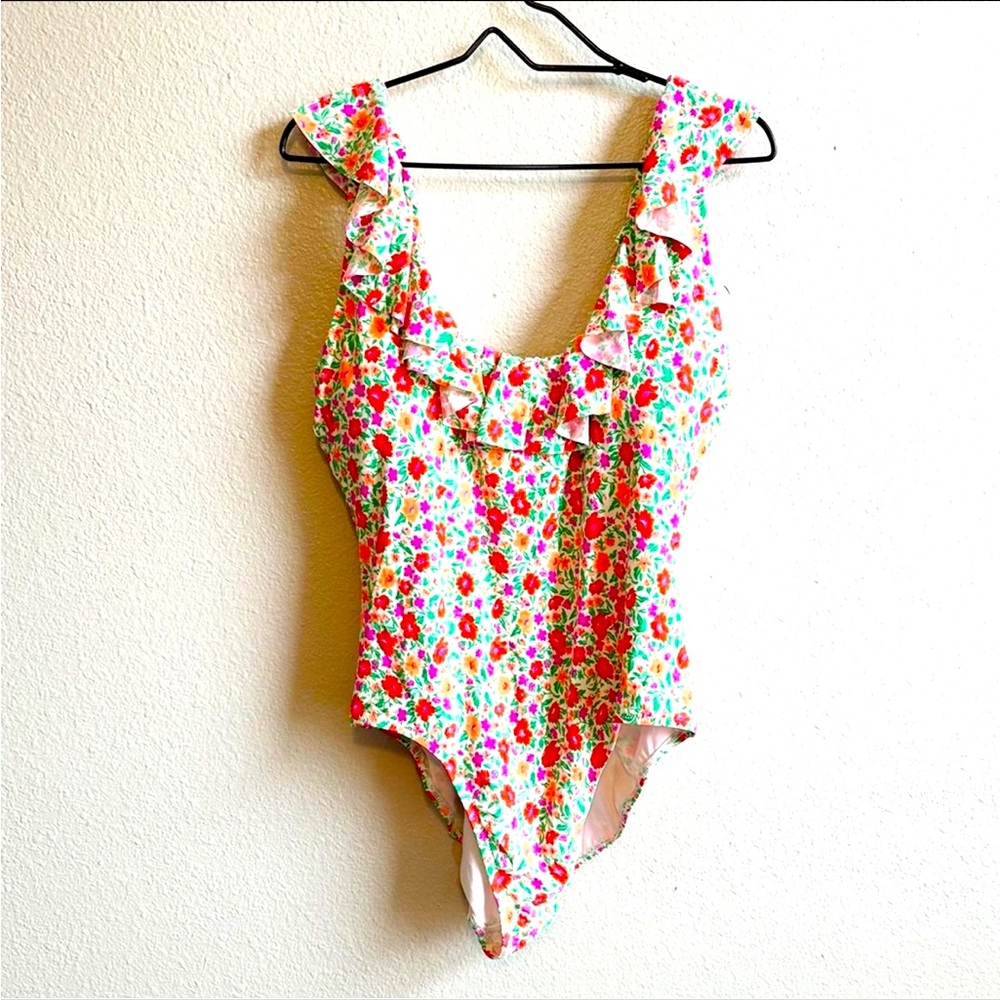 J. Crew Floral Ruffle One-Piece Swimsuit in Pink, Red, Green